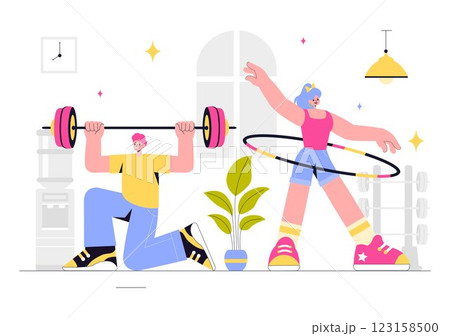 Fitness and Gym Vector Illustration Featuring Exercise, Wellness, Mental Health, Healthcare, and a Healthy Lifestyle in a Flat Style Background 123158500