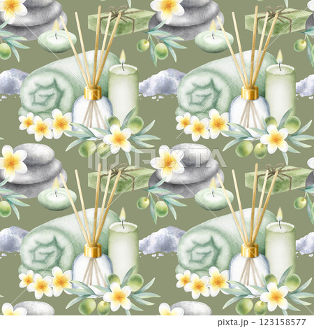 Olive soap aleppo, sea salt, towel, candles, aroma diffuser, stack pebbles, frangipani flowers and olive branches. Hand drawn watercolor seamless pattern on dark olive color for spa salon design. Olive soap aleppo, sea salt, towel, candles, aroma diffuser, stack pebbles, frangipani flowers and olive branches. Hand drawn watercolor seamless pattern on dark olive color for spa salon design. 123158577