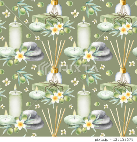 Olive soap aleppo, candles, aroma diffuser, stack pebbles, frangipani flowers and olive branches. Hand drawn watercolor isolated seamless pattern on dark olive color for packaging, spa salon design. 123158579