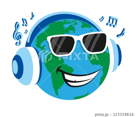Cheerful planet earth character in disco glasses listens to music in headphones in a good mood. Cartoon vector isolated on white background Cheerful planet earth character in disco glasses listens to music in headphones in a good mood. Cartoon vector isolated on white background 123158618