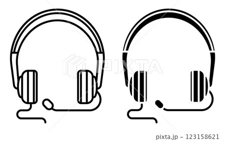 Linear icon. Wired over ear headset headphones with microphone. Gadget device for call center operator. Simple black and white vector isolated on white background 123158621