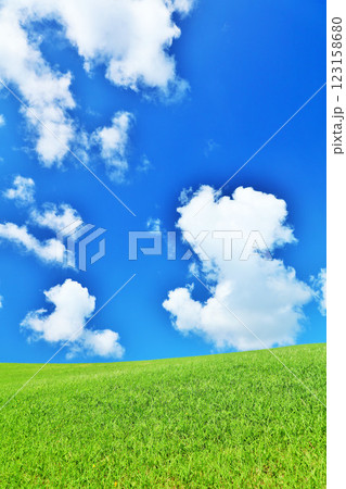 爽やかな夏の青空と新緑の草原風景 爽やかな夏の青空と新緑の草原風景 123158680