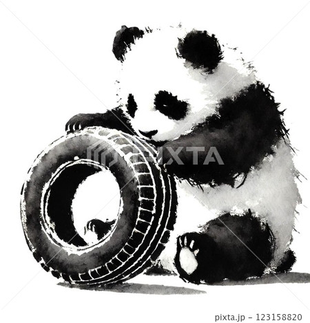 水墨画風のタイヤで遊ぶ子パンダのイラストのイラスト素材 [123158820
