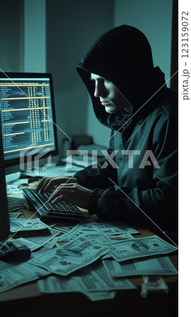 パソコンで詐欺をはたらく男性 123159072