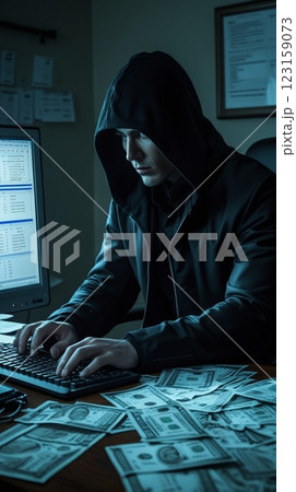 パソコンで詐欺をはたらく男性 123159073