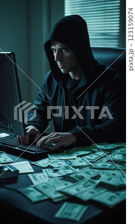パソコンで詐欺をはたらく男性 123159074