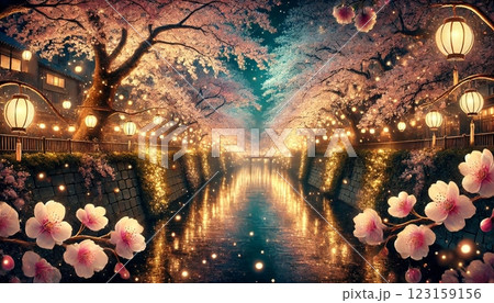 夜の川沿いの桜並木(和風、おとぎ話風 123159156