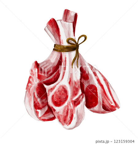 meat on the bone. Meat ribs. steak and meat products for barbecue and campfire. Fresh juicy mint. Watercolor illustration isolated from background. Tied with a rope. For fabrics and advertising. 123159304