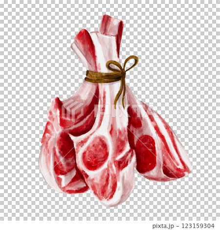 meat on the bone. Meat ribs. steak and meat products for barbecue and campfire. Fresh juicy mint. Watercolor illustration isolated from background. Tied with a rope. For fabrics and advertising. 123159304