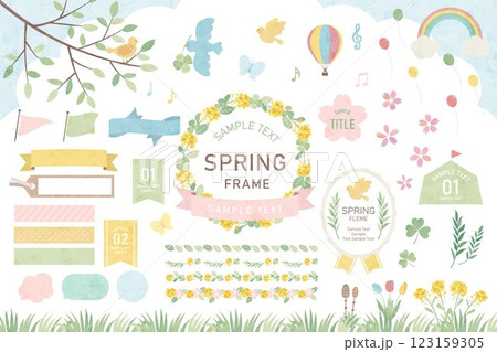 春の可愛い水彩風フレーム、春のあしらいベクター枠セット 春の可愛い水彩風フレーム、春のあしらいベクター枠セット 123159305