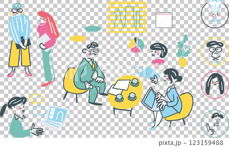 Stock illustration of a woman interacting with clients at a consulting or marketing office 123159488