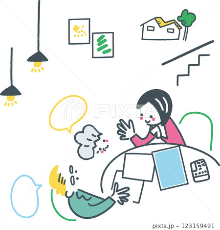 シニアに住居周りの相談にのる建築関係の女性 セットのストックイラスト素材 シニアに住居周りの相談にのる建築関係の女性 セットのストックイラスト素材 123159491