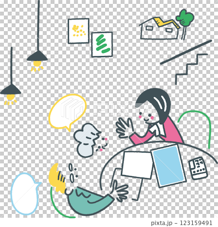 シニアに住居周りの相談にのる建築関係の女性 セットのストックイラスト素材 シニアに住居周りの相談にのる建築関係の女性 セットのストックイラスト素材 123159491