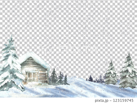 Winter landscape with snow covered house snowy pine tree and snowfall banner. Wooden cabin, chalet surrounded by snowdrifts. Watercolor painted illustration isolated from background for holiday card. 123159745