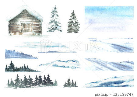 Winter landscape elements set. Cabin with snowy pine, fir tree. Rustic house, chalet with snow covered roof and snowdrifts, hills and blue sky. Watercolor painted illustration isolated from background 123159747