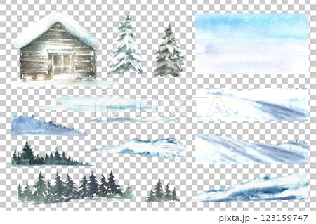 Winter landscape elements set. Cabin with snowy pine, fir tree. Rustic house, chalet with snow covered roof and snowdrifts, hills and blue sky. Watercolor painted illustration isolated from background 123159747