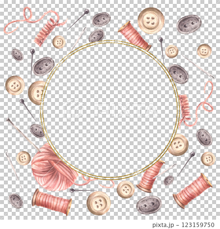 Sewing set frame. Buttons, pink yarn ball with knitting needles, thread spool and sewing pins circle golden framed. Hobby round label template. Watercolor painted illustration isolated from background 123159750