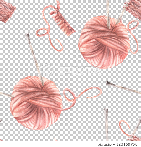 Pink ball of yarn, clew. Knitted fabric with knitting needles, thread seamless pattern. Watercolor hand drawn illustration. Handmade hobby product labelling, fabric, wallpaper Isolated from background Pink ball of yarn, clew. Knitted fabric with knitting needles, thread seamless pattern. Watercolor hand drawn illustration. Handmade hobby product labelling, fabric, wallpaper Isolated from background 123159758