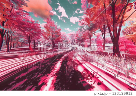 Surreal Pink Landscape with Abstract Trees and Sky for Creative Projects 123159912