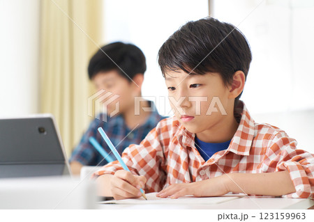 タブレットを見ながら勉強中の男子小学生 タブレットを見ながら勉強中の男子小学生 123159963