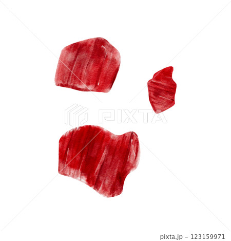 pieces of meat. red stones. pieces of plastic, fabric. juicy raw pieces of lamb and beef. Corduroy fabric. Red blood stains. Periods. Watercolor illustration isolated from background.  123159971