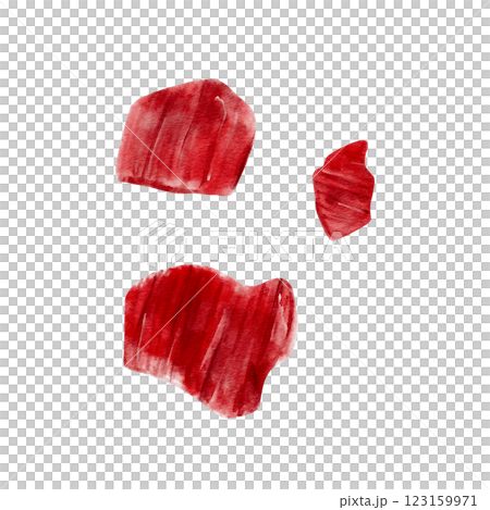 pieces of meat. red stones. pieces of plastic, fabric. juicy raw pieces of lamb and beef. Corduroy fabric. Red blood stains. Periods. Watercolor illustration isolated from background.  123159971