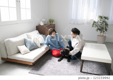 大型犬を飼う家族リビングフリー大型犬　広角のやや俯瞰 123159992