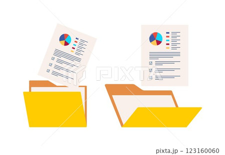 Open folder and documents, statistical data with charts, diagrams. Workplace documents for financial statistics, reporting, strategy development. Data analysis. Vector illustration. 123160060