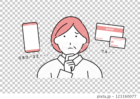 スマホの番号と銀行の暗証番号が思い出せない中年の女性のイラスト 123160077