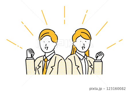 拳を上げてガッツポーズをするビジネスマンとビジネスウーマンのイラスト 123160082