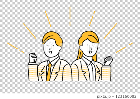 拳を上げてガッツポーズをするビジネスマンとビジネスウーマンのイラスト 123160082