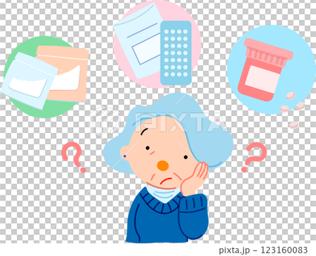 薬を飲んだか分からなくなってしまったシニア女性 123160083