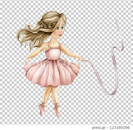 Watercolor dancing ballerina in pink dress and blond brown hair with ribbon. Hand drawn young ballerina kid for girls baby shower card. Cute illustration for childish posters or nursery wall art 123160206
