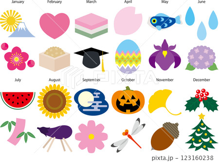 月ごとのシンボリックな季節のアイコンイラスト 123160238