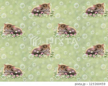 眠っているネコのシームレスパターン（シャボン玉）　I-4' 123160459