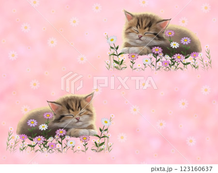 眠っているネコのシームレスパターン（花柄）　J-3 123160637