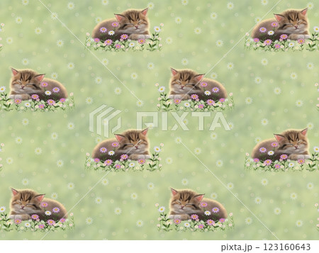 眠っているネコのシームレスパターン（花柄）　J-4' 123160643