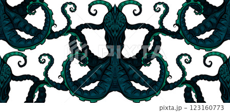 Vector seamless pattern with dark creepy octopuses on a white background. Texture with sea inhabitants with tentacles 123160773