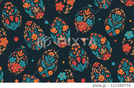 Vector seamless pattern with Easter eggs in folk art style on dark background with polka dot. Texture with decorative holiday eggs. Vector seamless pattern with Easter eggs in folk art style on dark background with polka dot. Texture with decorative holiday eggs. 123160774