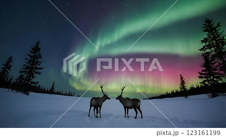 snow mountain landscape with deer and forest 123161199