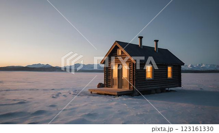 winter landscape with red wooden house 123161330