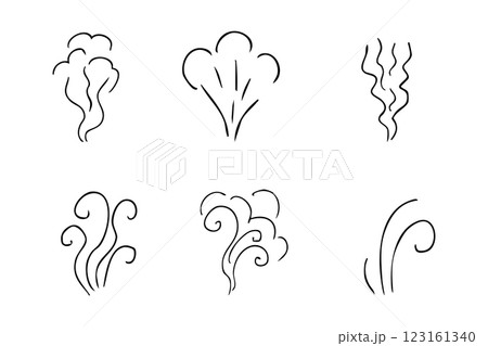 Steam smoke hand drawn line comic doodle. Aroma trail, cloud or wind silhouette. Smells hot air fragrance evaporate set. Steam smoke hand drawn line comic doodle. Aroma trail, cloud or wind silhouette. Smells hot air fragrance evaporate set. 123161340