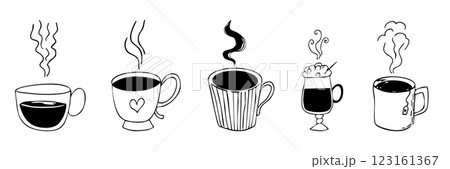 Tea or coffee cup with beverage and hot vapor steam hand drawn doodle line. Simple icon set mug sketch. Hot drinks Coffee, tea, cappuccino espresso, latte. 123161367