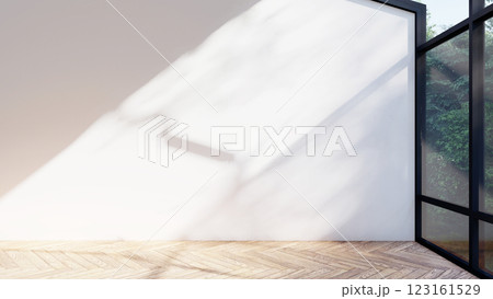 empty interior room shadow wall space background mock up architecture sunlight. empty home modern window light floor design apartment white house indoor. blank minimal concept backdrop bright clean. 123161529