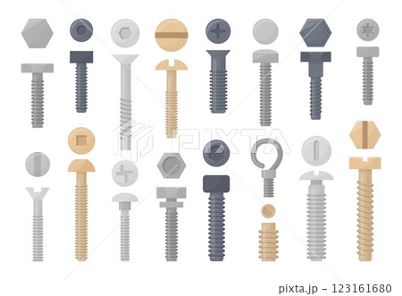 Flat bolts and screws. Cartoon screw and nail, silver and golden stainless tools for repair, construction. Fasteners with different threads neoteric vector set Flat bolts and screws. Cartoon screw and nail, silver and golden stainless tools for repair, construction. Fasteners with different threads neoteric vector set 123161680