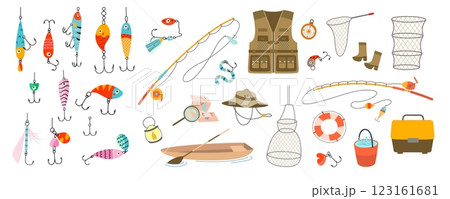 Fishing accessories. Different lures, rods, fish hooks, baits, plastic bucket with water for fish. Angling equipment and fisherman clothes, nowaday vector set 123161681