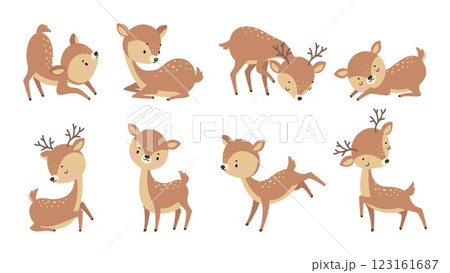 Cute deer. Cartoon deers play run and sleep. Adorable forest animals in various poses, resting and activity. Childish characters, funny nowaday vector wild characters Cute deer. Cartoon deers play run and sleep. Adorable forest animals in various poses, resting and activity. Childish characters, funny nowaday vector wild characters 123161687