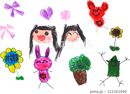 子供が描いたひまわりとカエルと女の子とウサギとクマさん 子供が描いたひまわりとカエルと女の子とウサギとクマさん 123161990