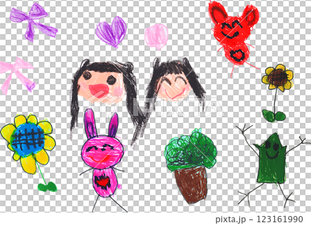 子供が描いたひまわりとカエルと女の子とウサギとクマさん 子供が描いたひまわりとカエルと女の子とウサギとクマさん 123161990