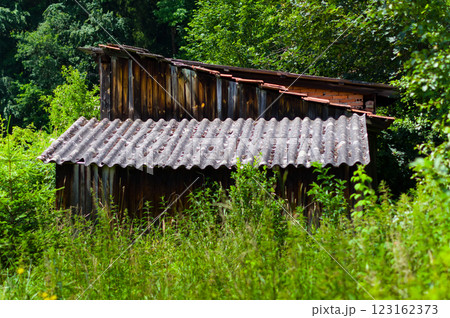 Old and damaged garden shed. This shed stands in an abandoned and devastated garden. 123162373